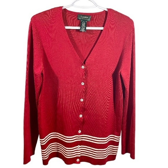 Lauren Ralph Lauren Red Silk Button Up Cardigan M - Picture 1 of 13